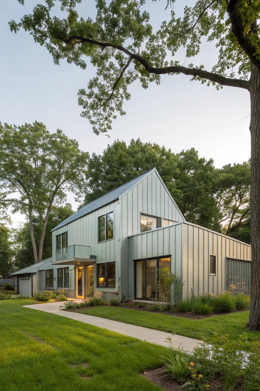 An eco-friendly home adorned with sustainable metal cladding, fitting seamlessly into its green environment.