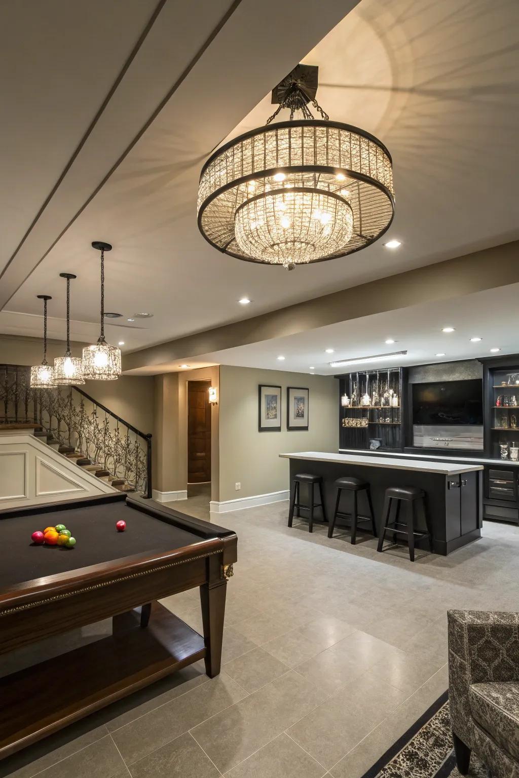A remarkable overhead installation becomes the centerpiece of the basement.