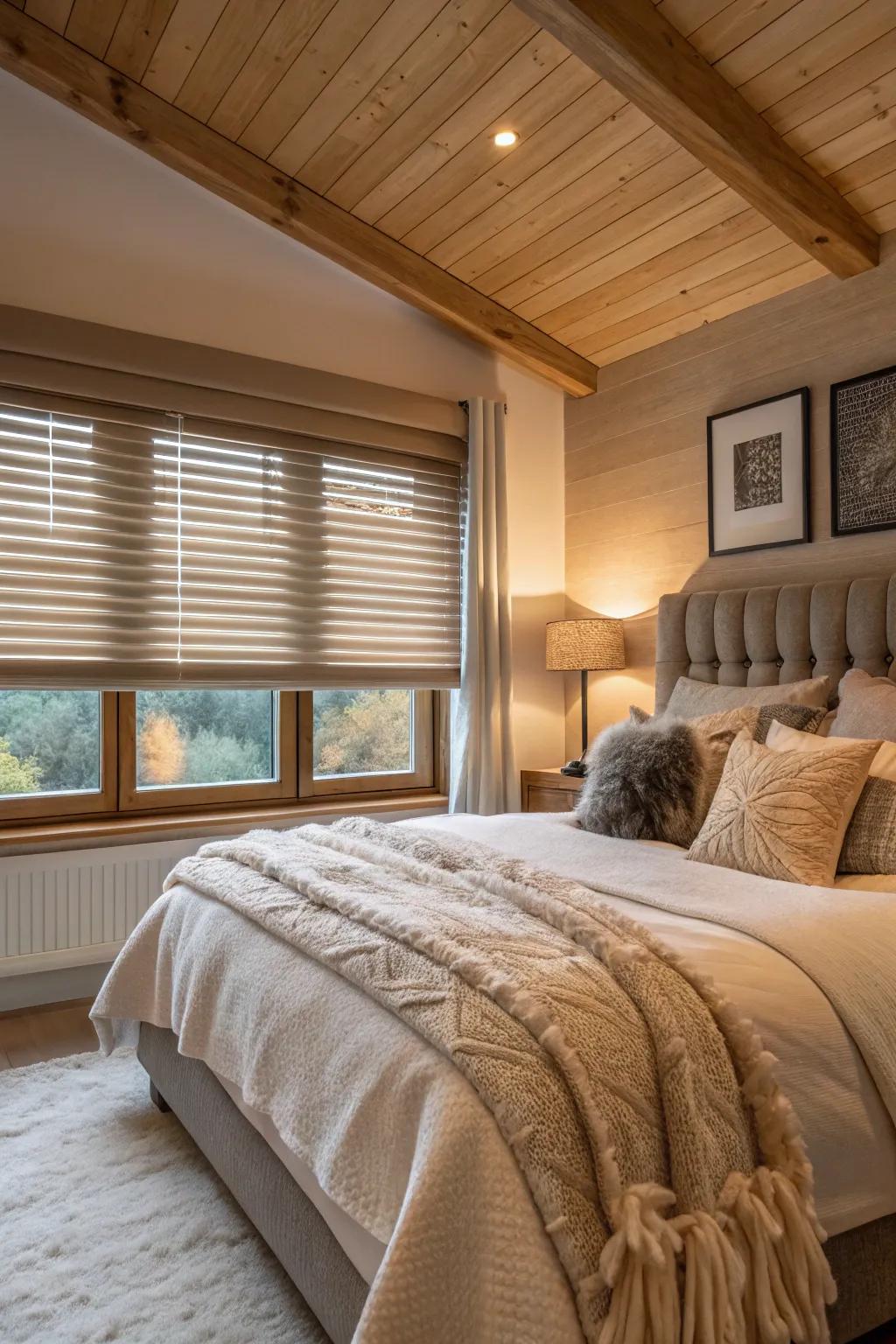 Blackout blinds transform a room into a cozy retreat.