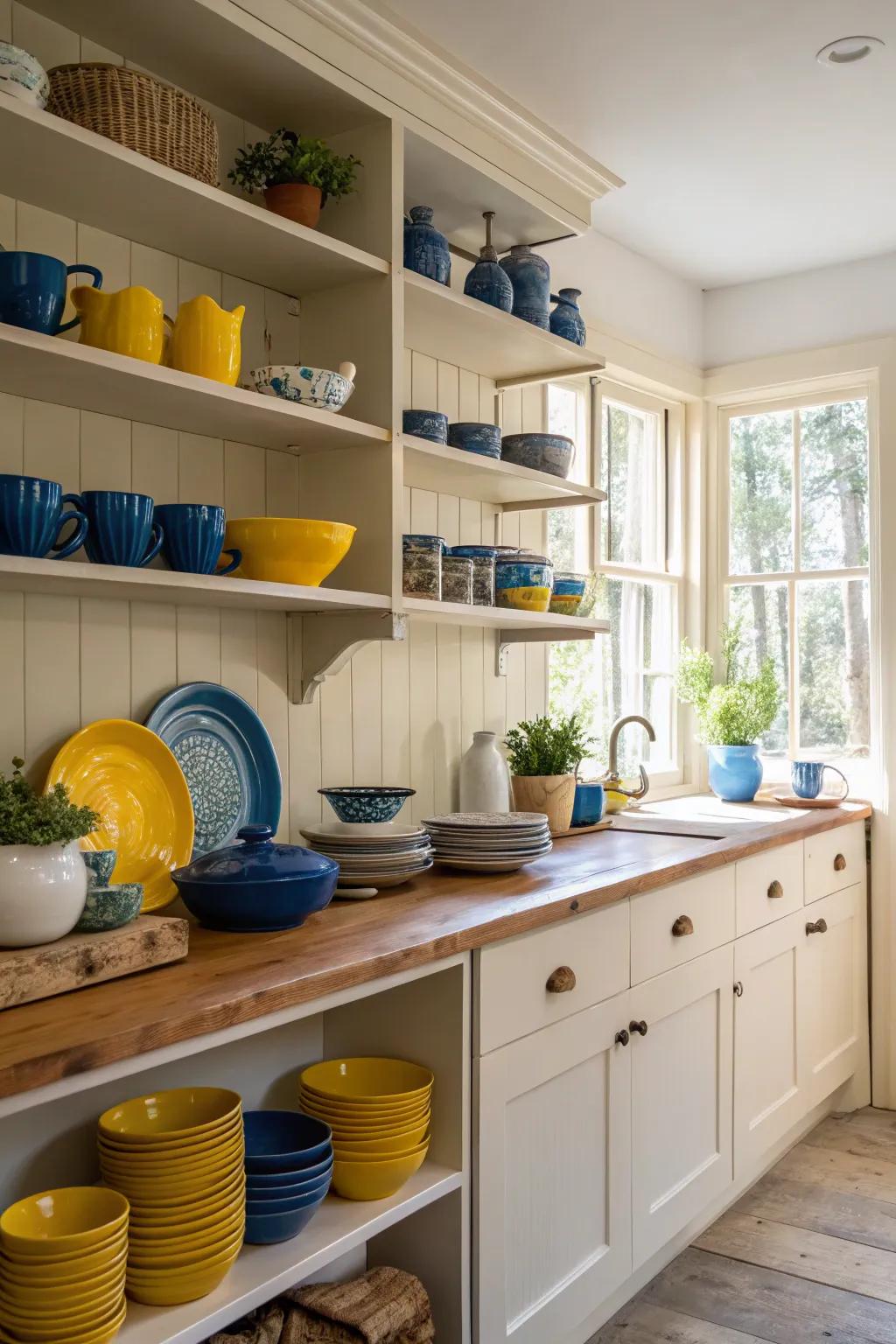 Open shelves highlight colorful dishware, creating an inviting display.