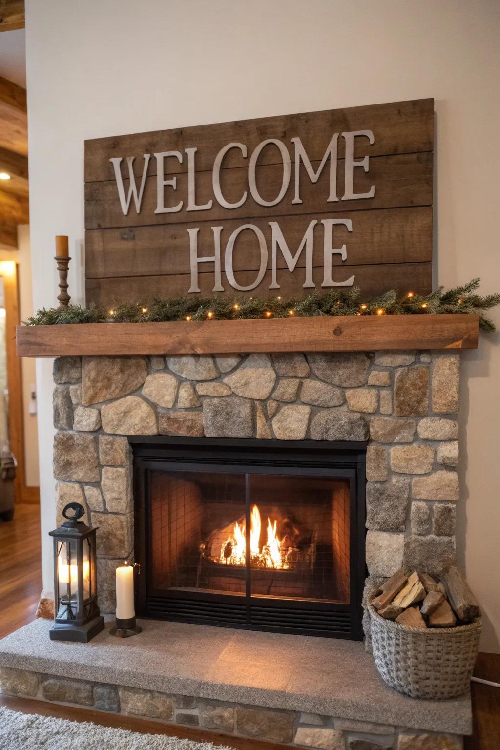 Rustic signs bring a nostalgic touch to the fireplace decor.