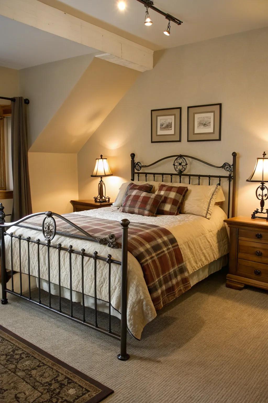 A metal bed frame enhances the farmhouse charm in this guest bedroom.