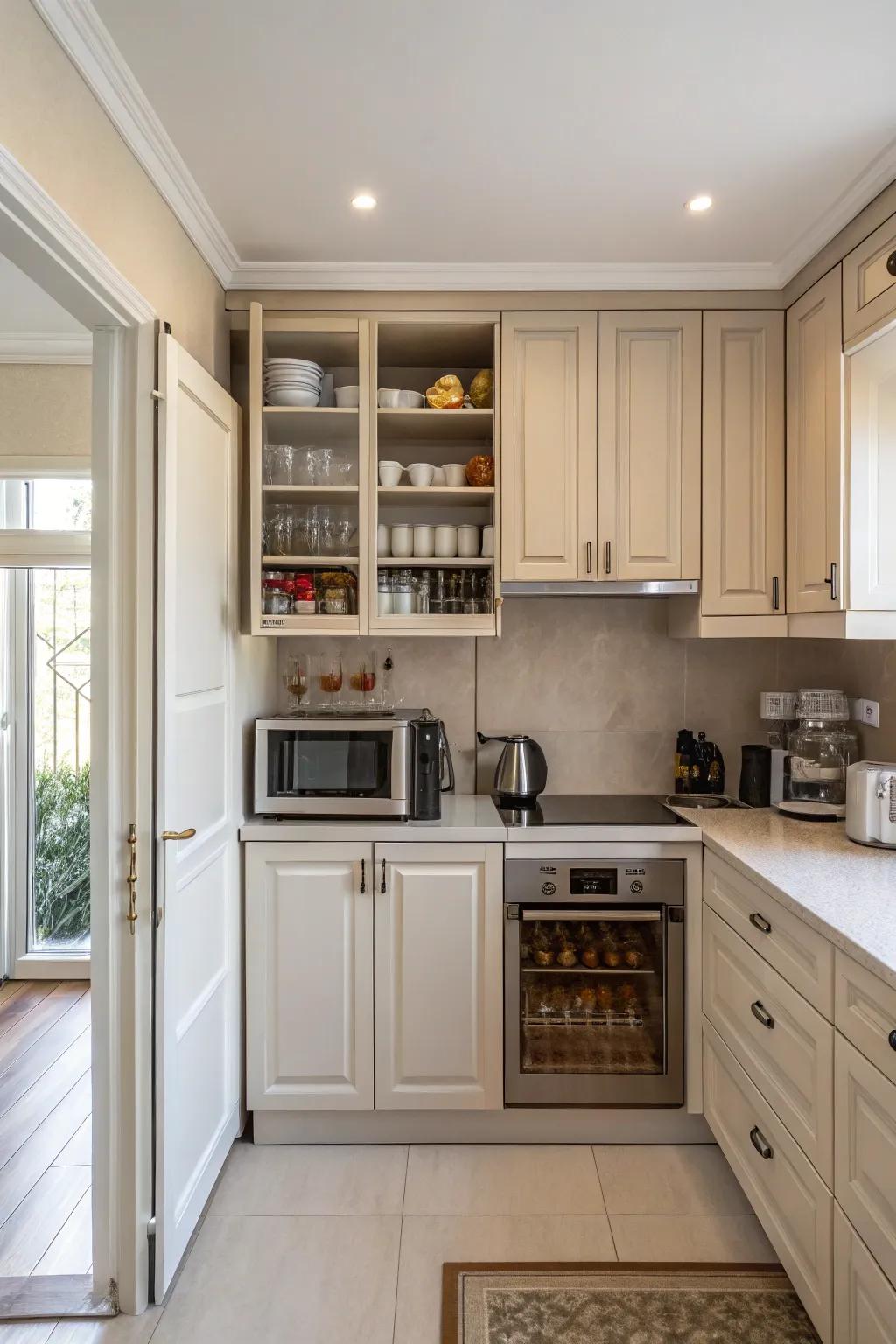 Hidden appliances keep the kitchen looking sleek and organized.