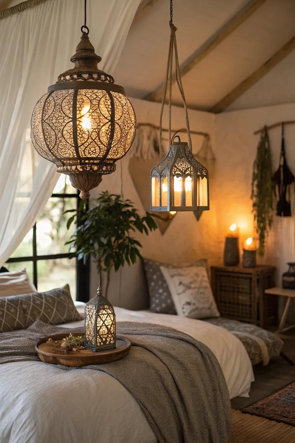 Decorative lanterns cast an intimate and whimsical radiance in a modern Spanish bedroom.