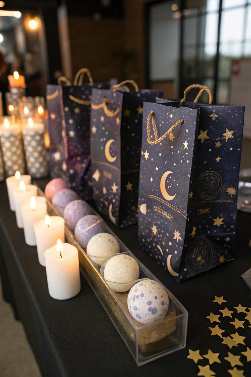 Space-inspired favors enabling visitors to carry a piece of the magic with them.
