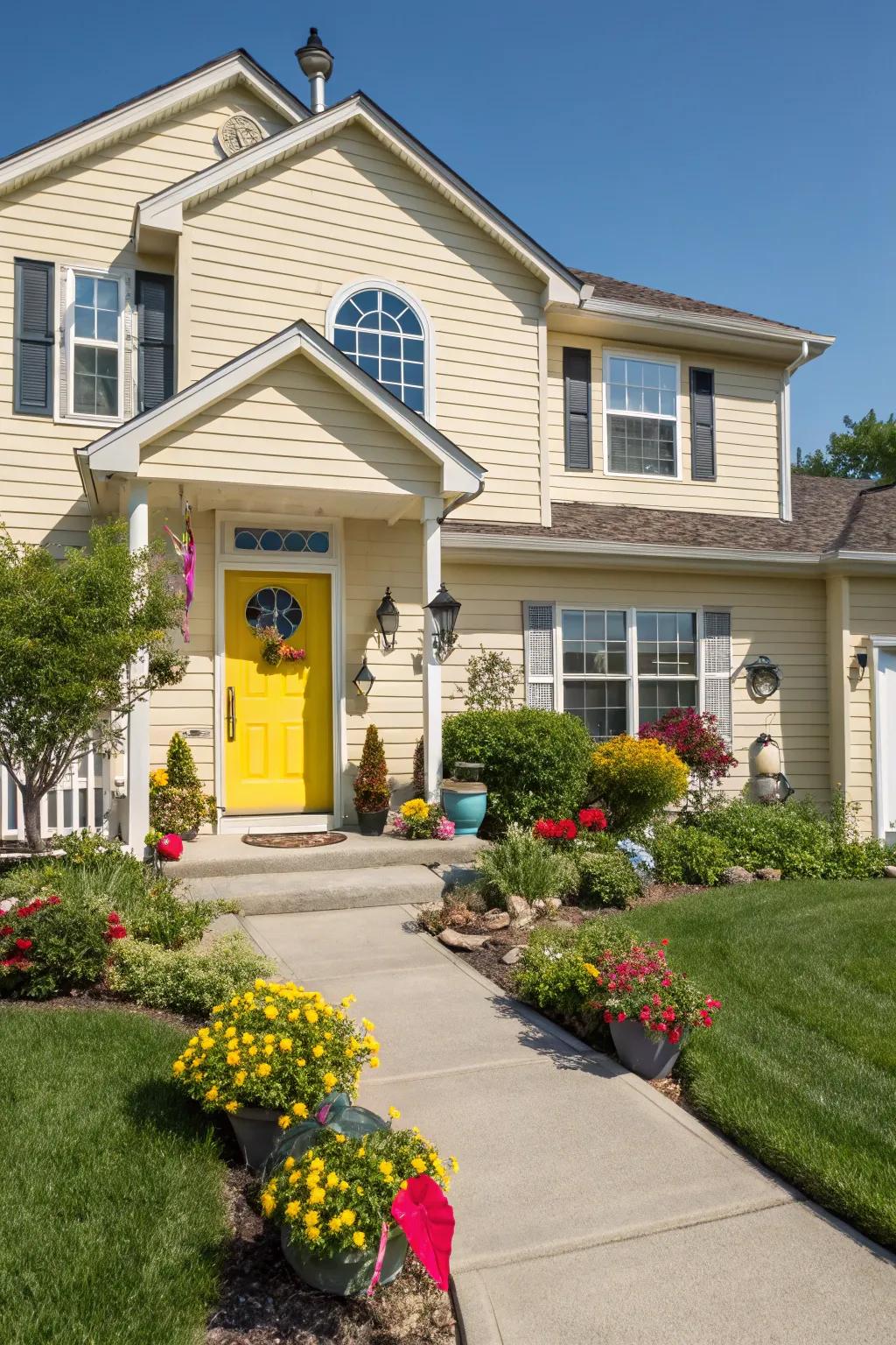 Yellow front door brightens up a beige house with its cheerful hue.