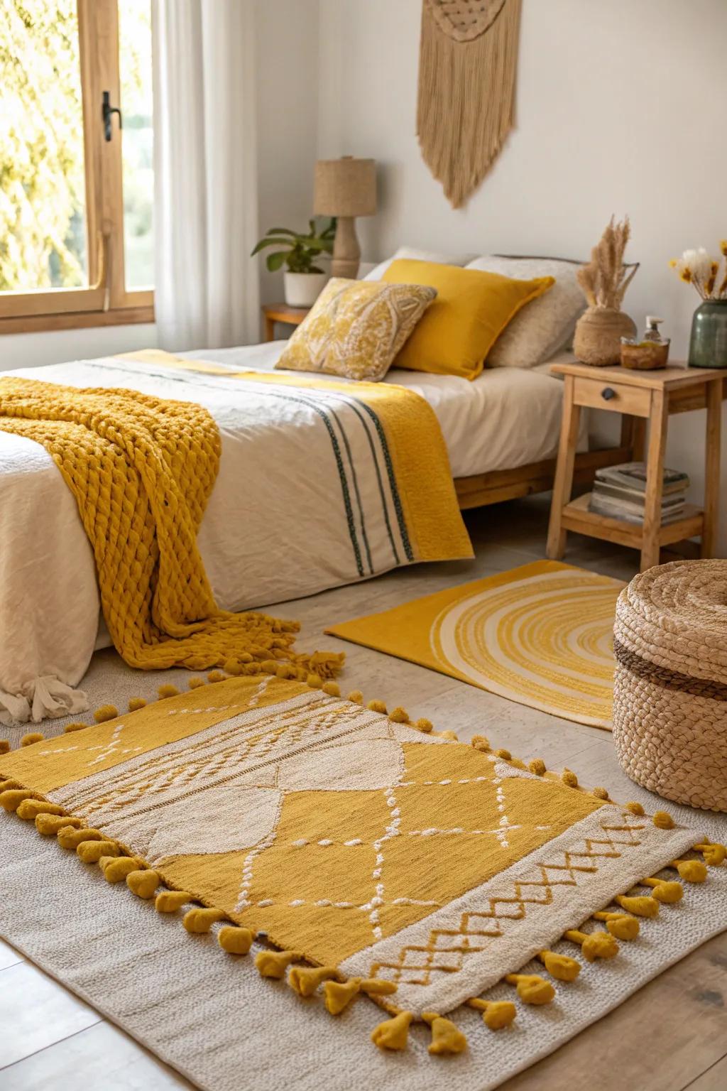 A bedroom with layered rugs featuring mustard yellow accents.