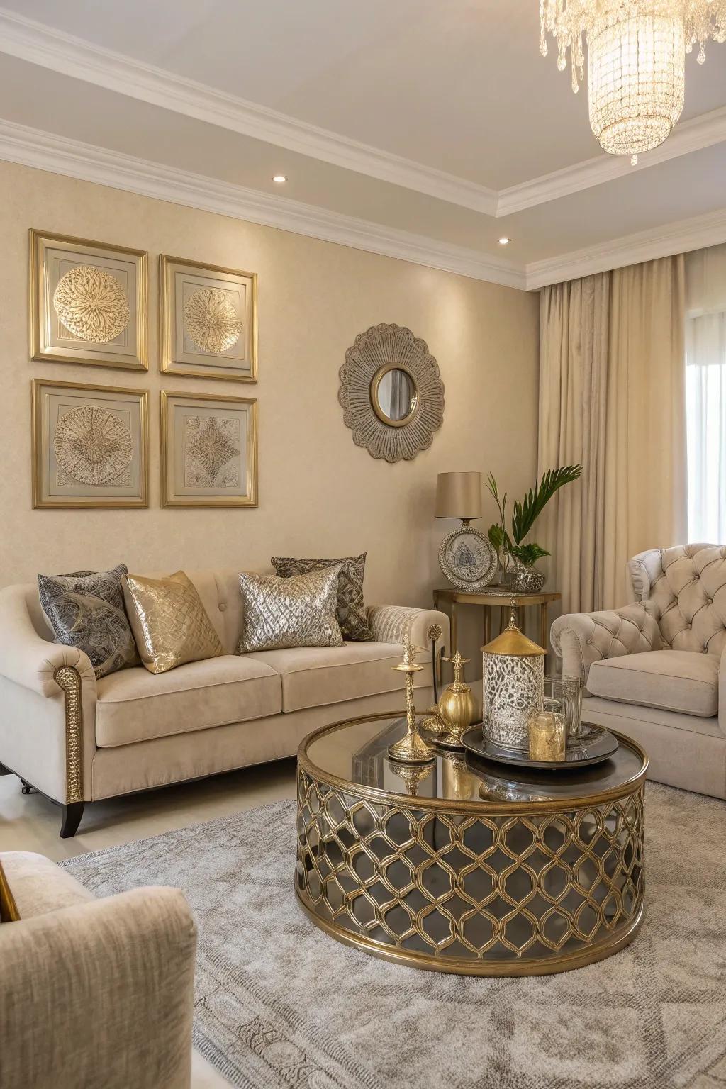 A neutral and metallic color scheme for a sophisticated atmosphere.