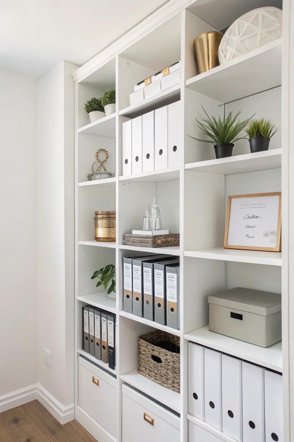 White minimalist shelves keep your office looking clean and elegant.