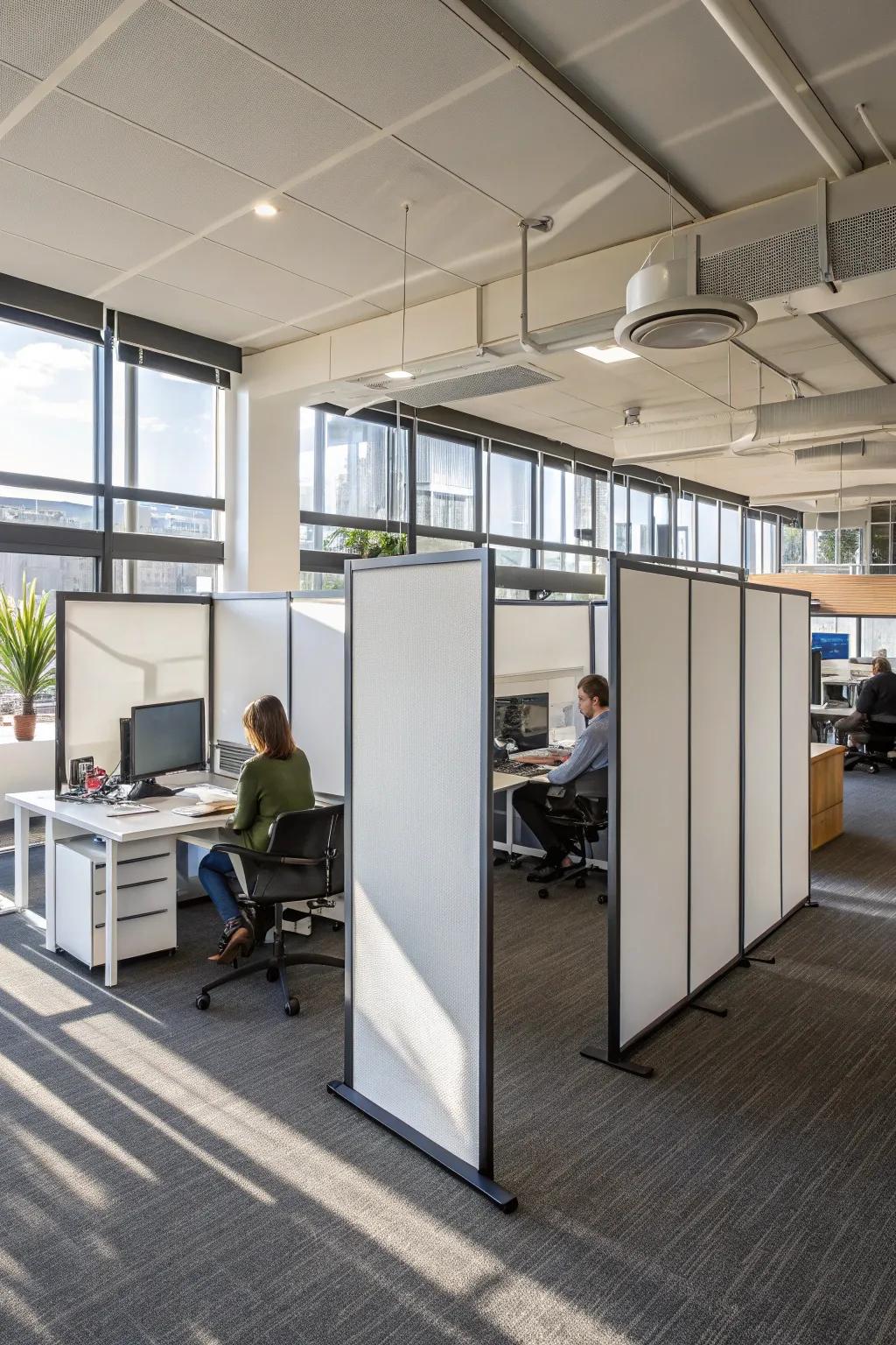 Self-supporting screens offer mobile and adaptable office division.