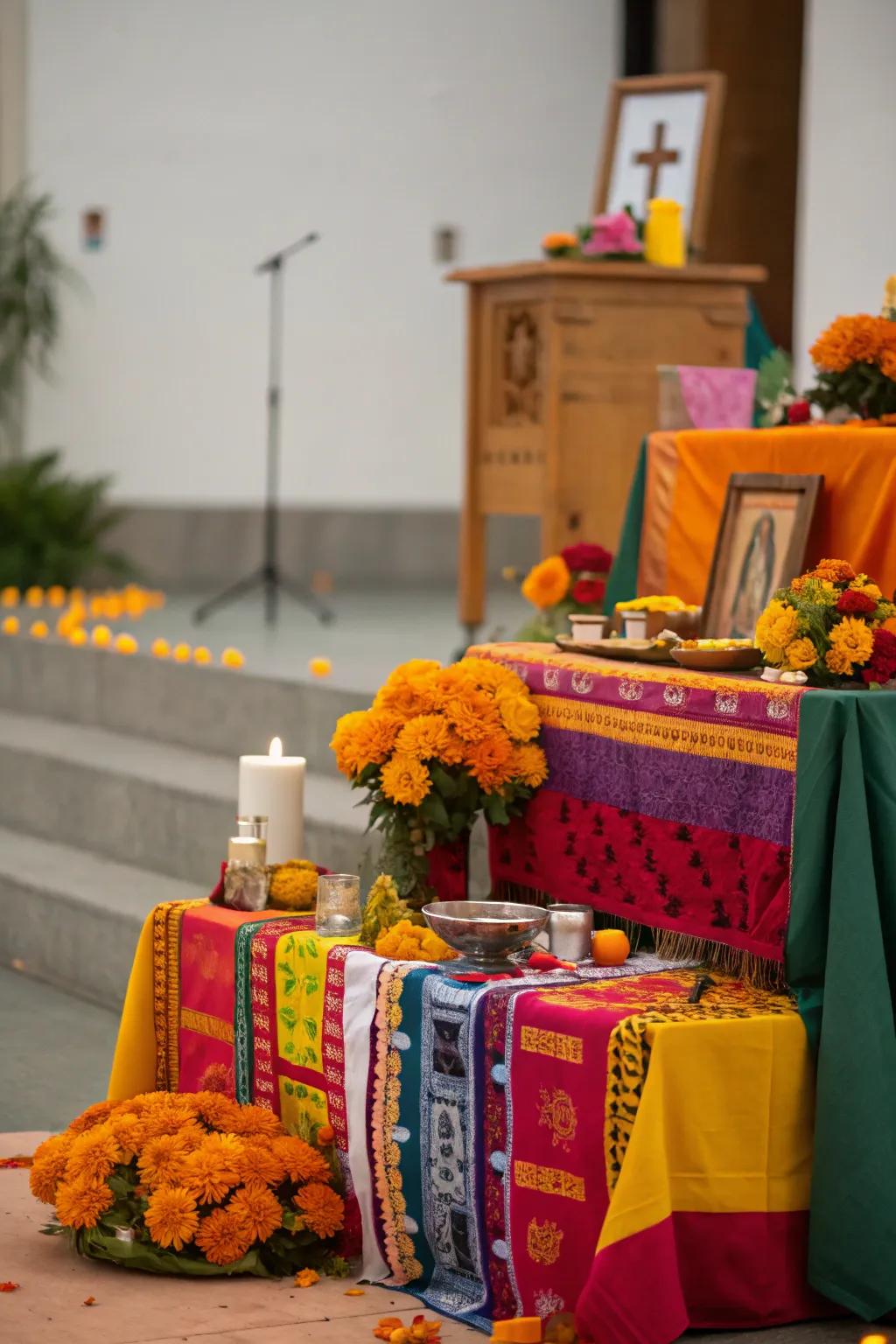 Traditional cloths set the stage for your ofrenda with vibrant colors.