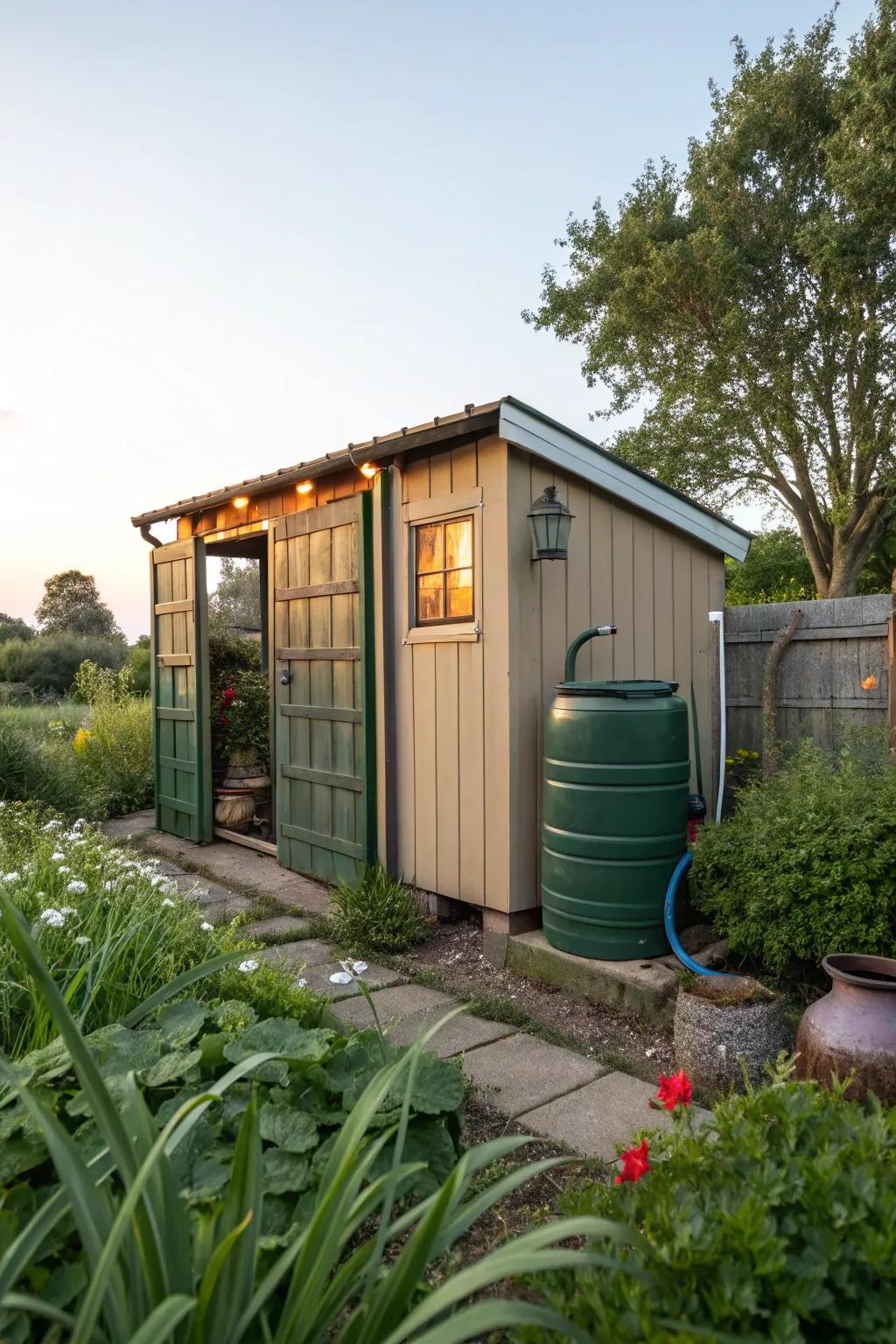 A garden shed that cleverly conceals an oil tank, painted to blend with its surroundings.