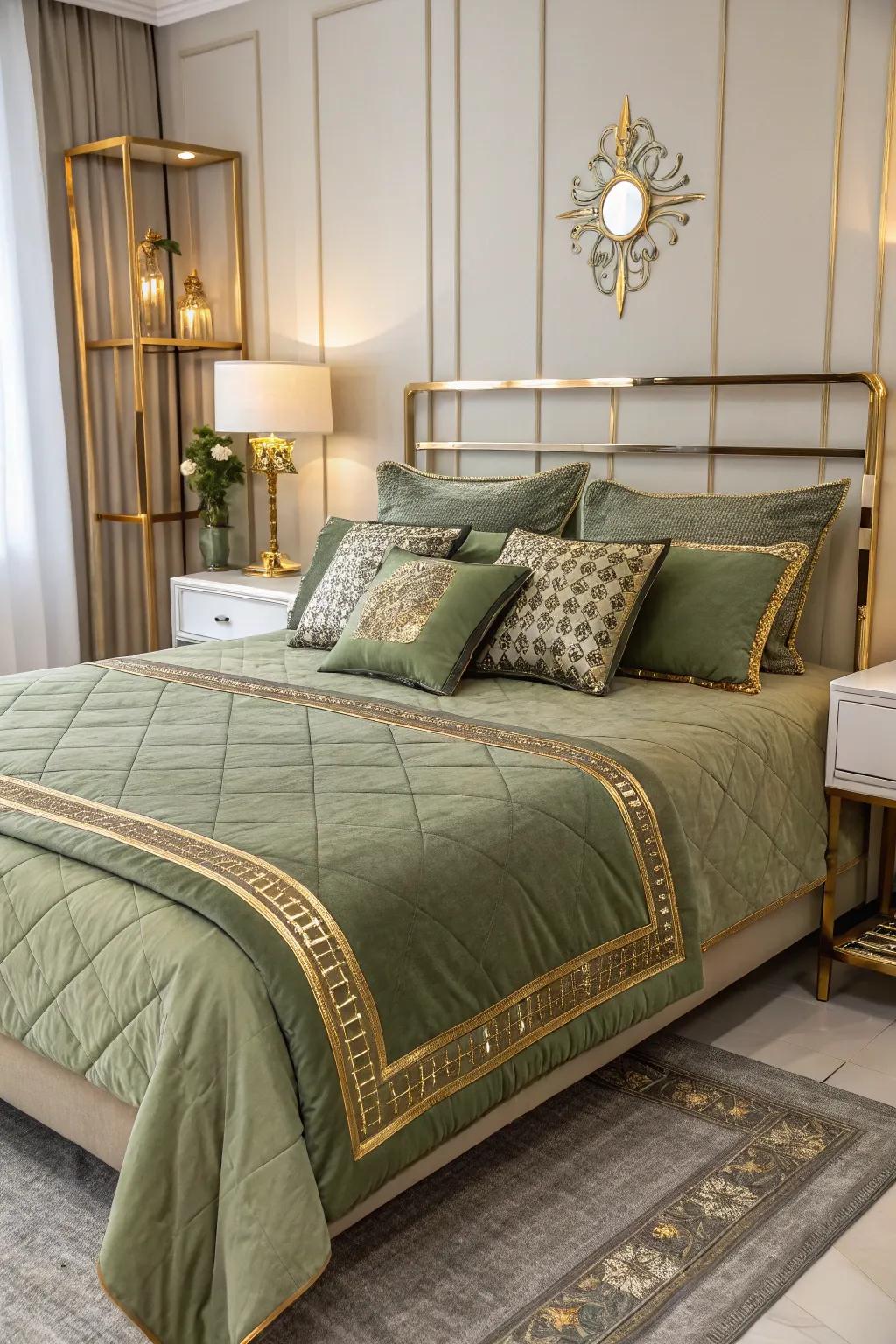 Gold accents elevate the elegance of olive green bedding.