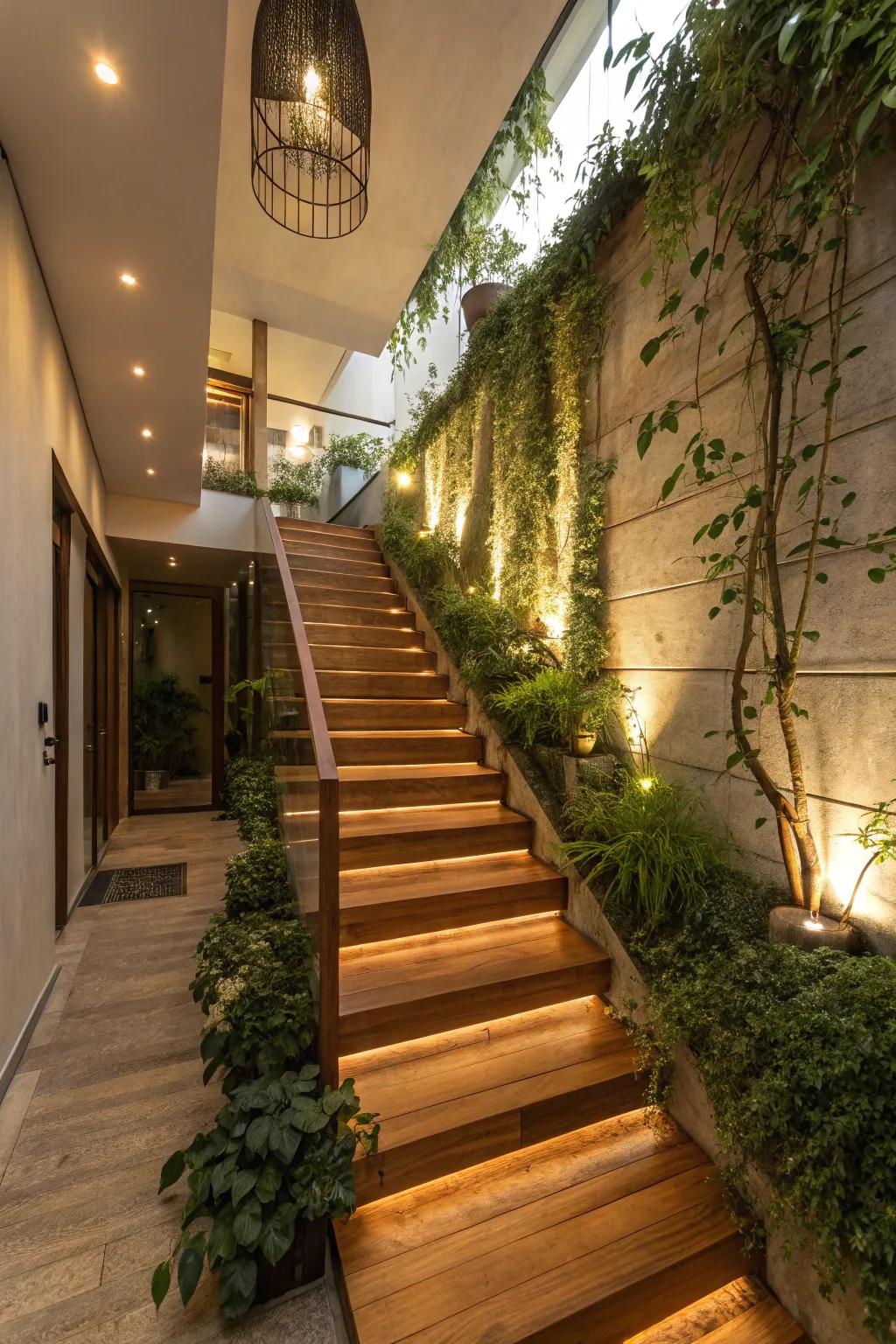 Natural timber steps combined with greenery craft a warm, inviting ambiance.