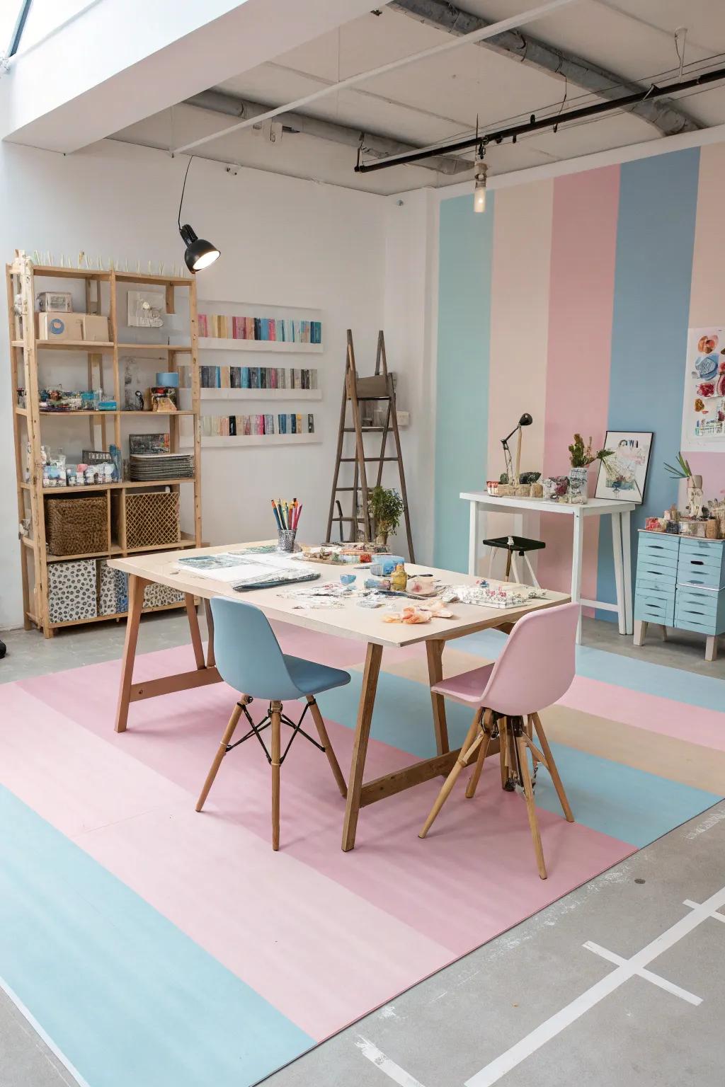 A creative studio space with pastel-painted floors, providing a calming and inspiring environment.