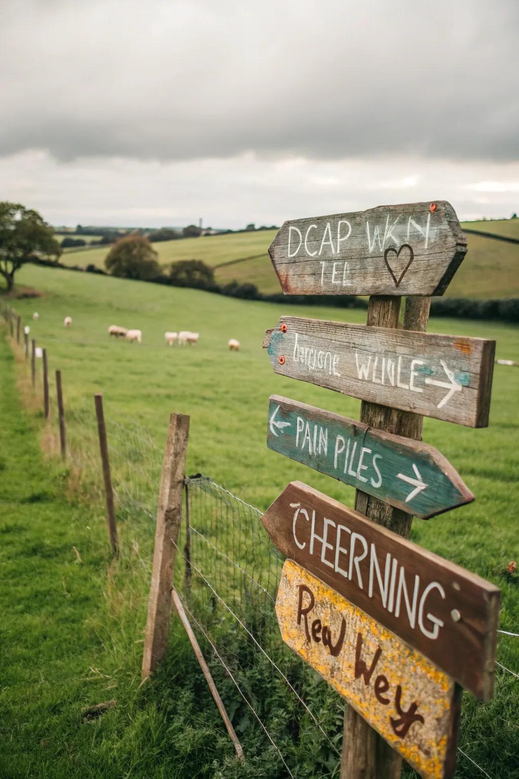 Rustic wooden signboards guiding guests around the venue.