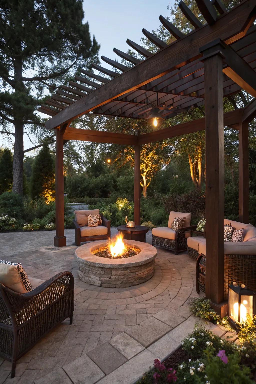 A central fire pit under the pergola offers warmth and ambiance.