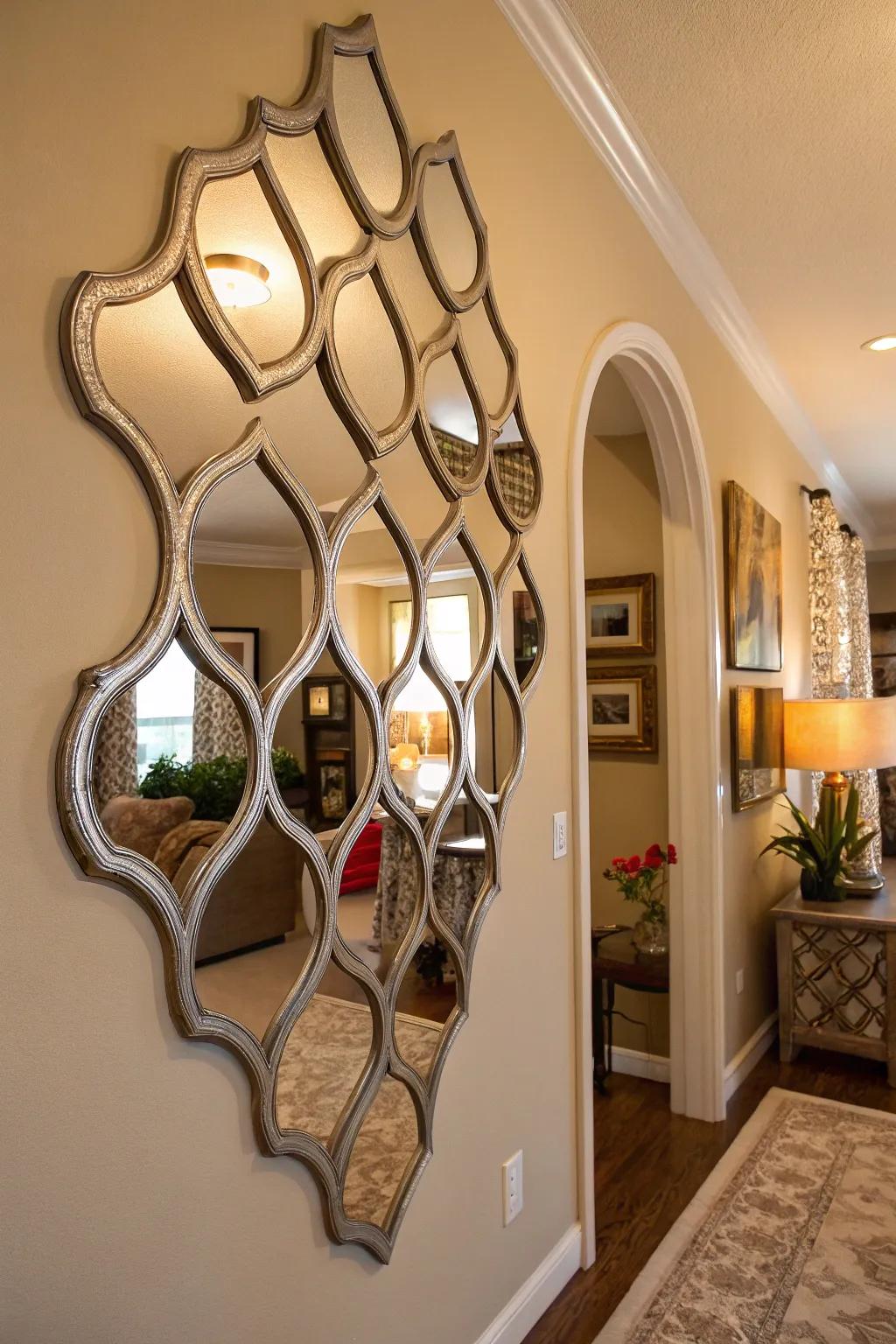 A photo op wall with various shaped mirrors, adding depth and light to the space.