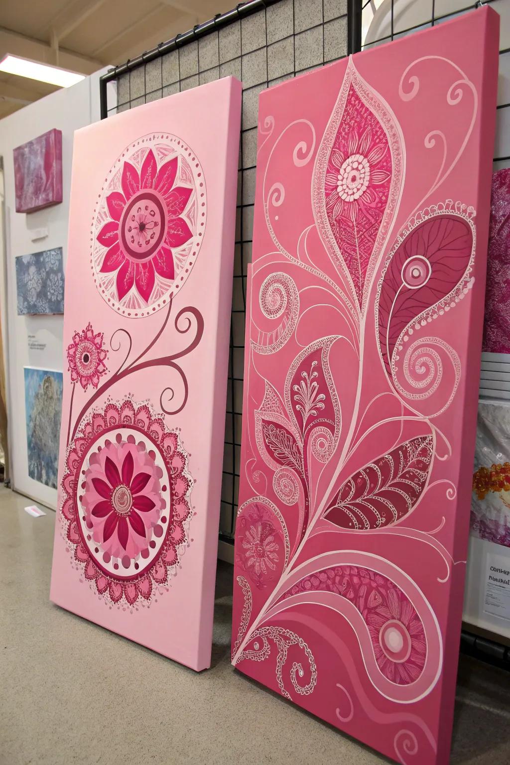 Innovative dual canvas paintings in pink.