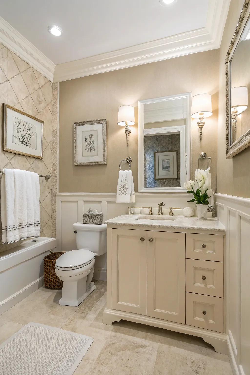 Neutral tones create a calming and versatile bathroom palette.