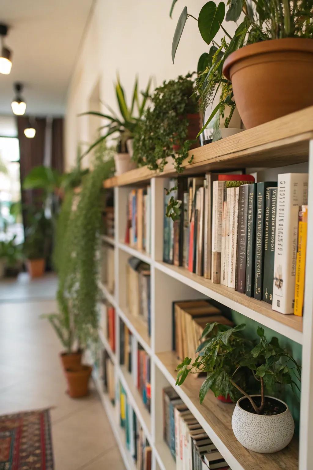 Enrich your bookshelf with greenery.