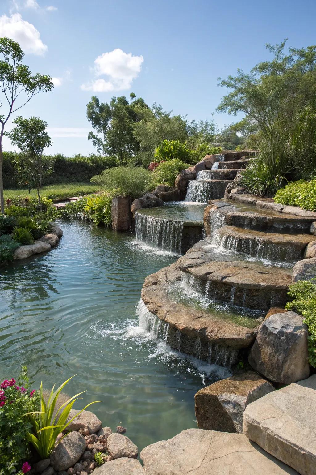 A multi-level pond with cascading water for added charm.