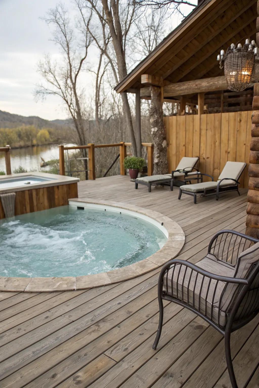 A rustic wooden deck adds warmth and charm to your pool and jacuzzi.