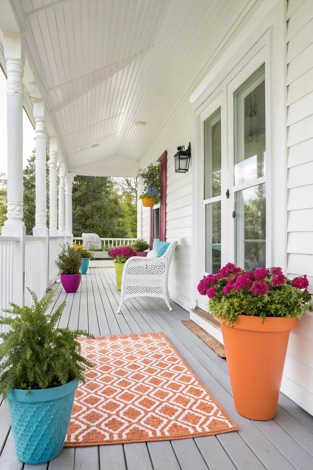 A classic white porch with vibrant accents that add a personal touch.