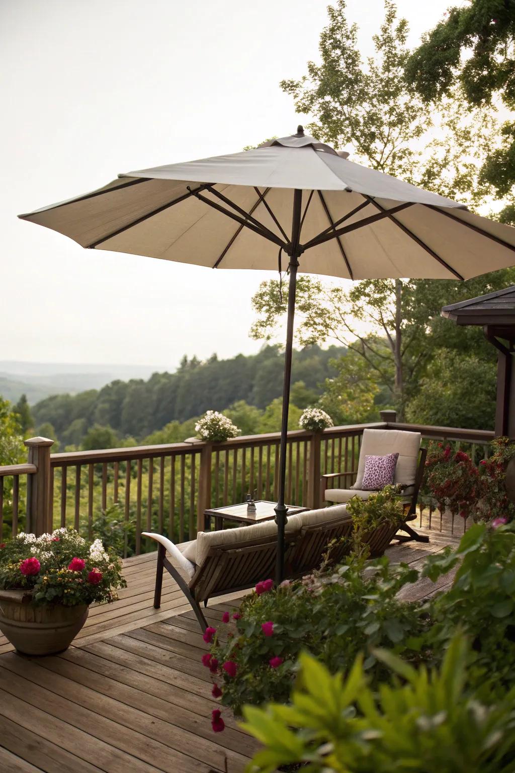 A large umbrella offers adjustable shade and privacy on a deck.