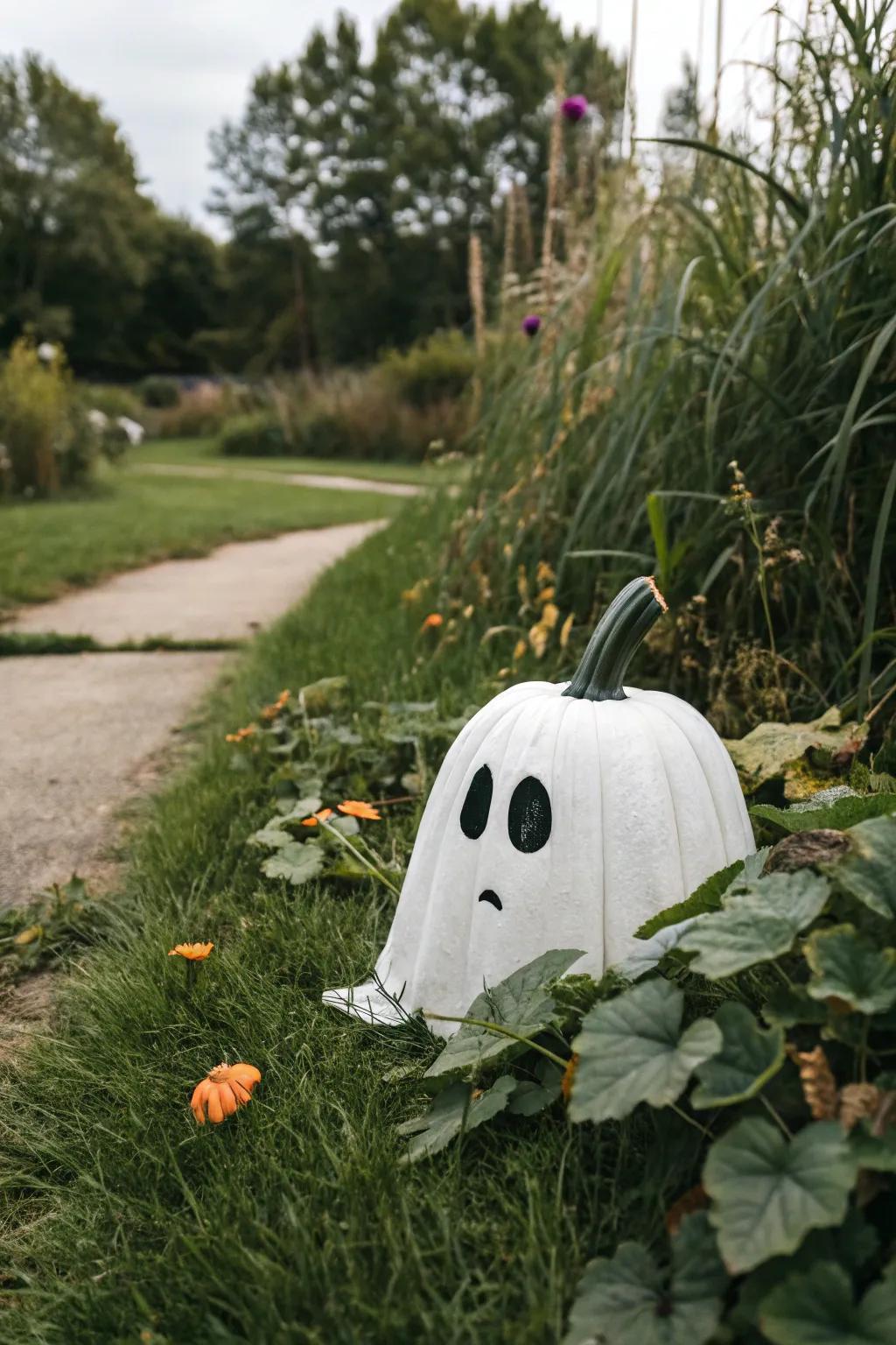 A painted ghost pumpkin that's simple yet effective for Halloween.