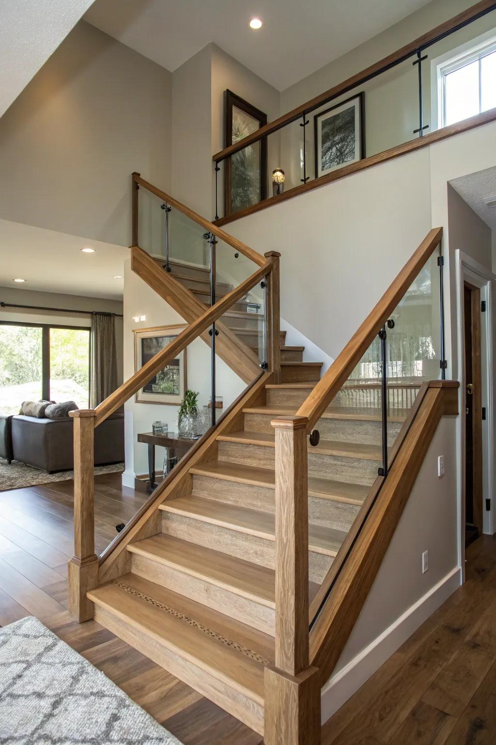 Open railings enhance the visual space of the entryway staircase.