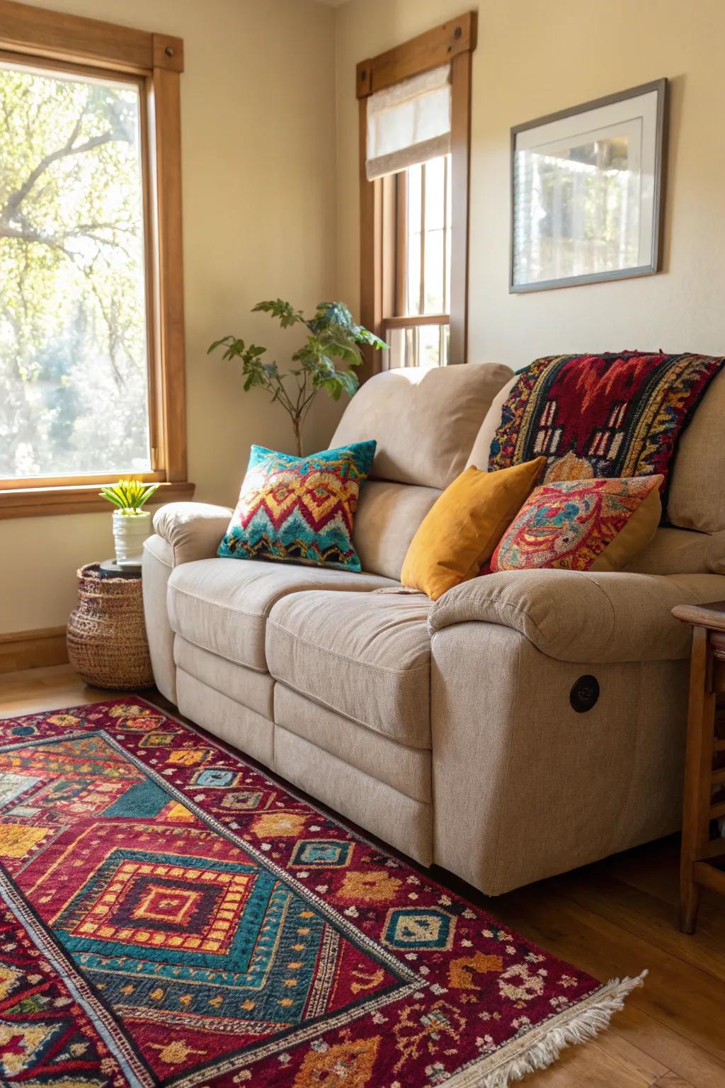 A lively living room with colorful accents complementing the recliner sofa.