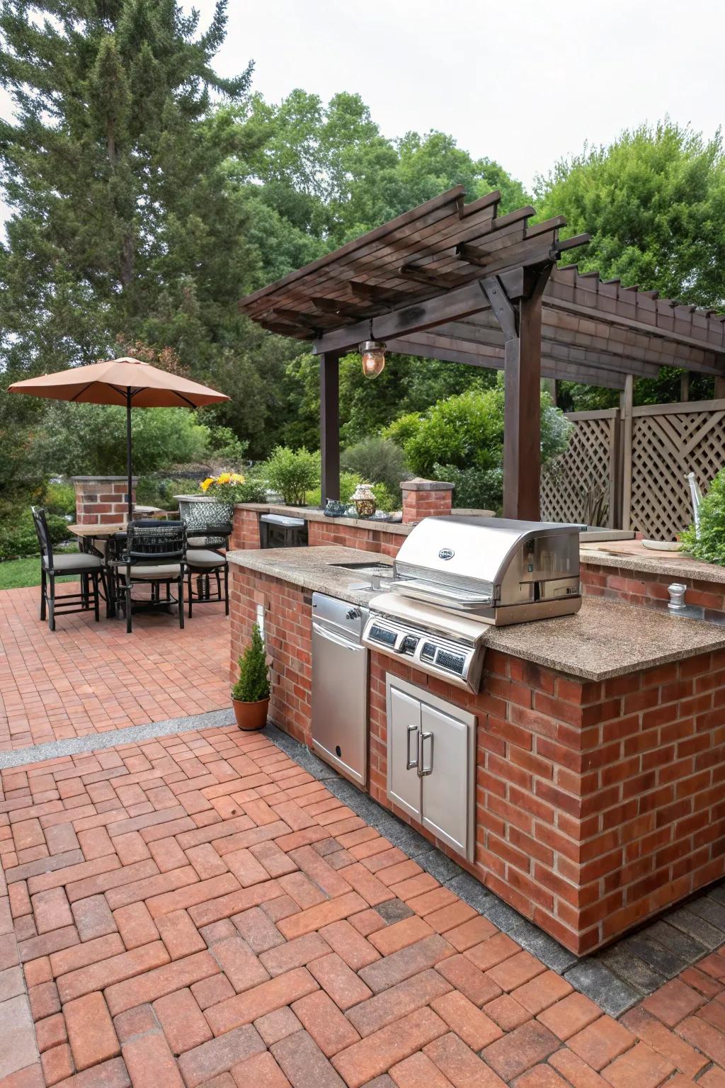 A red brick patio featuring a stylish outdoor kitchen setup