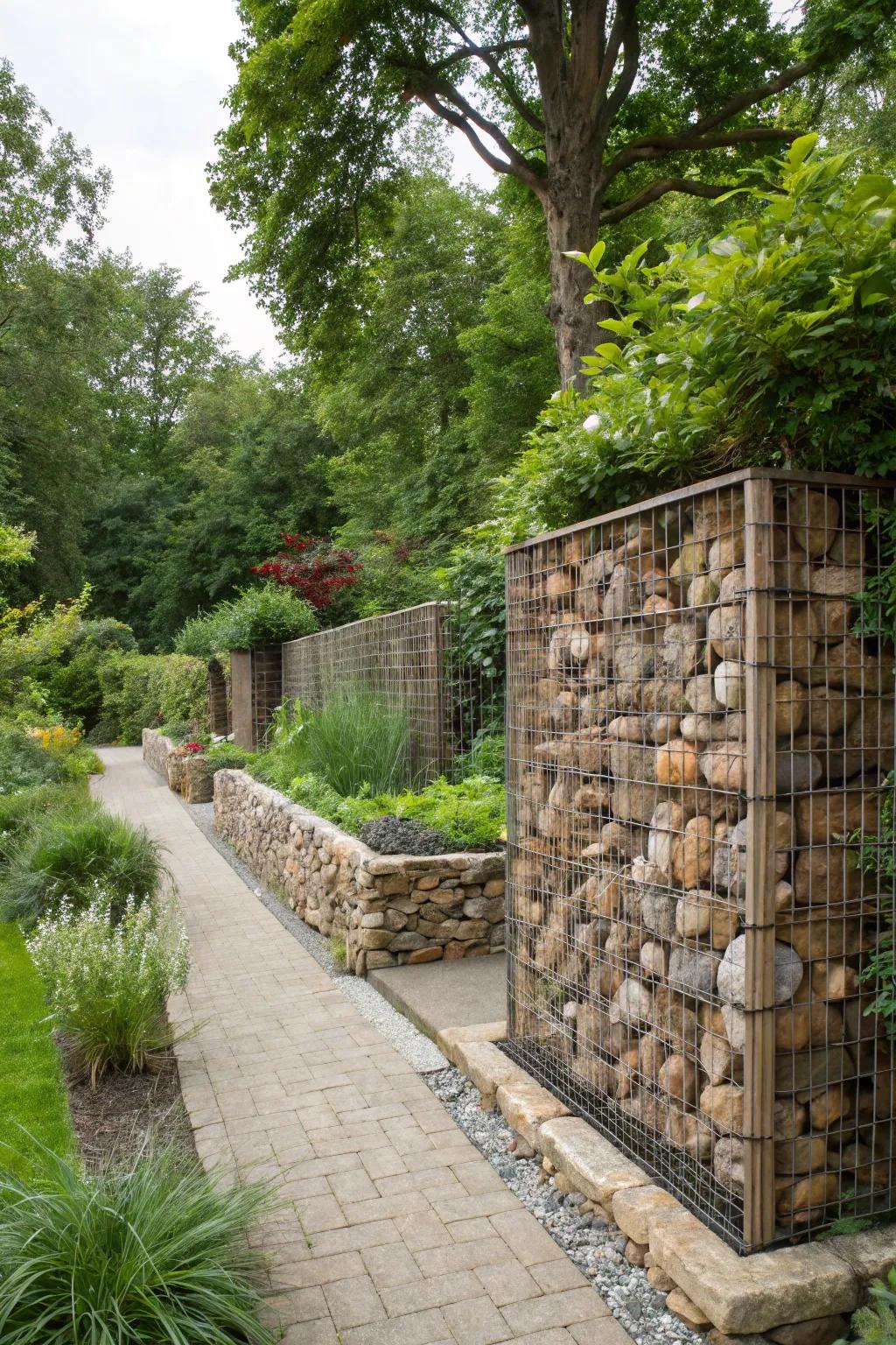 Rustic gabion walls adding character to a garden.