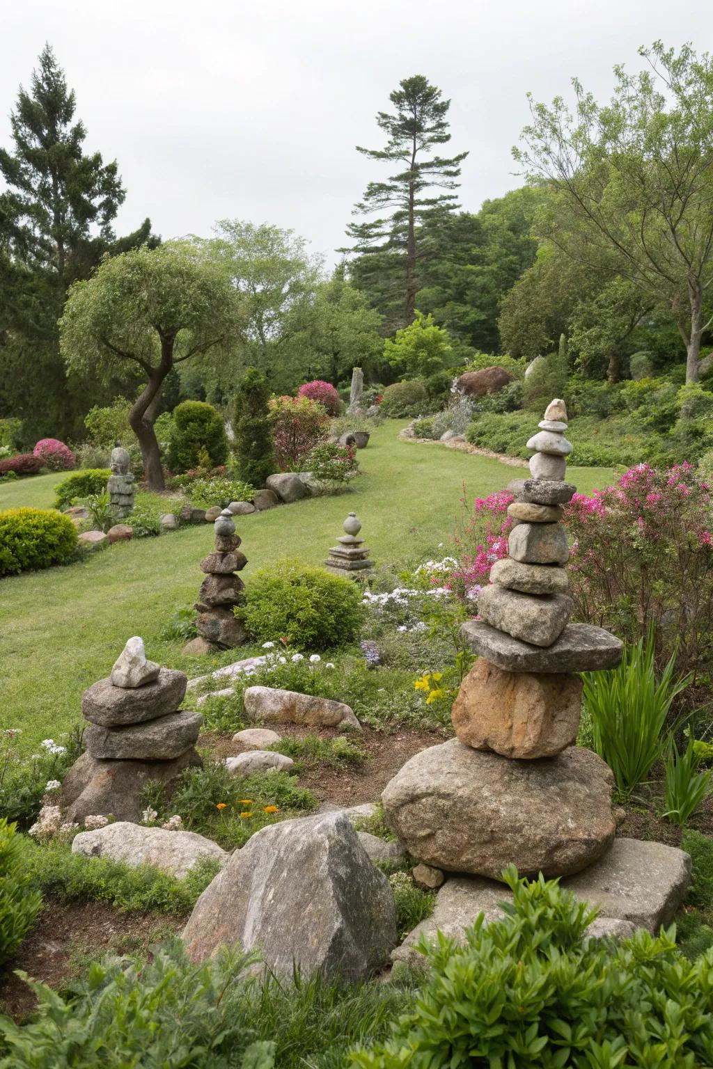 Sculptural rock formations add an artistic flair to the landscape.