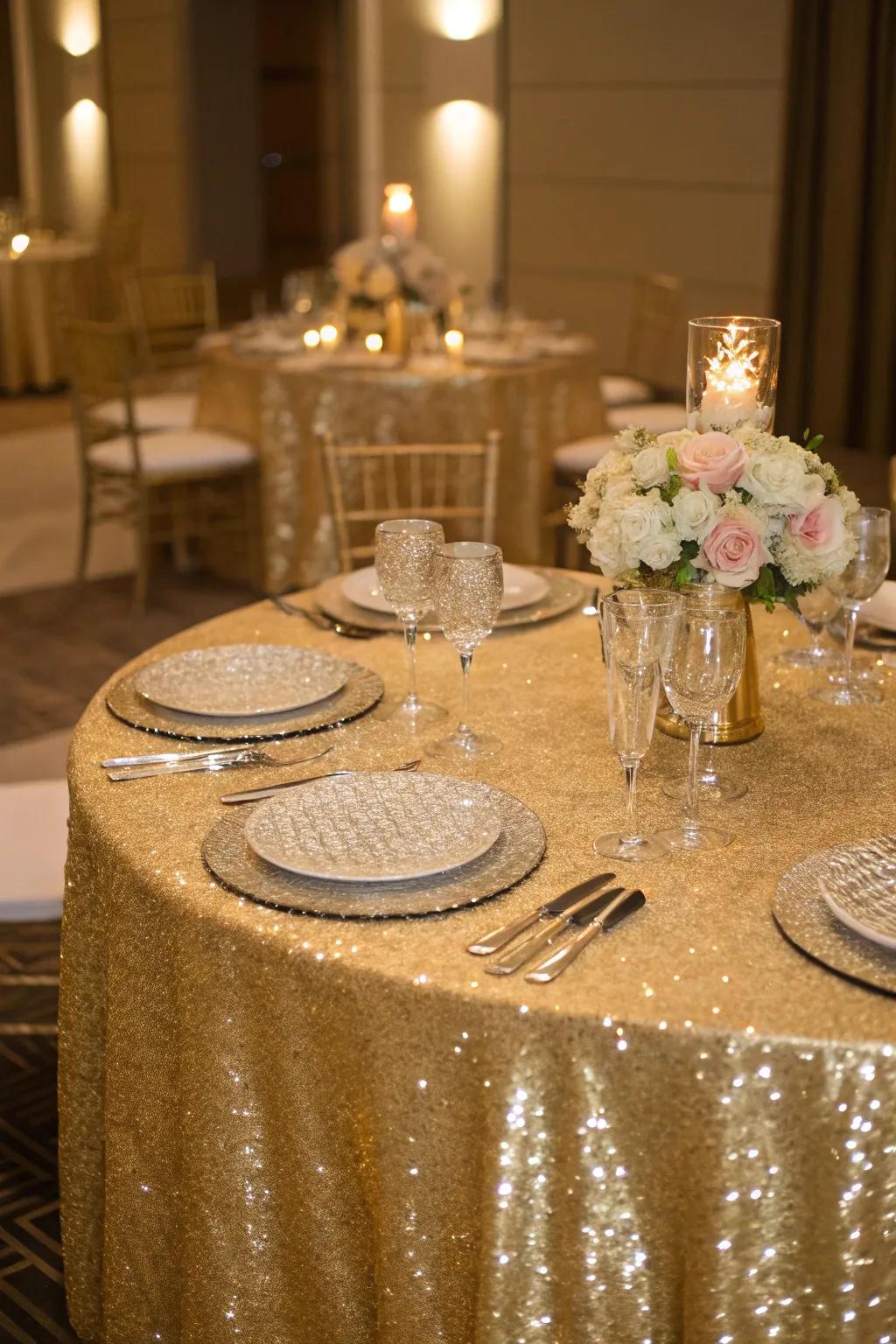 Opulent gilded cloth for a glamorous wedding gala.