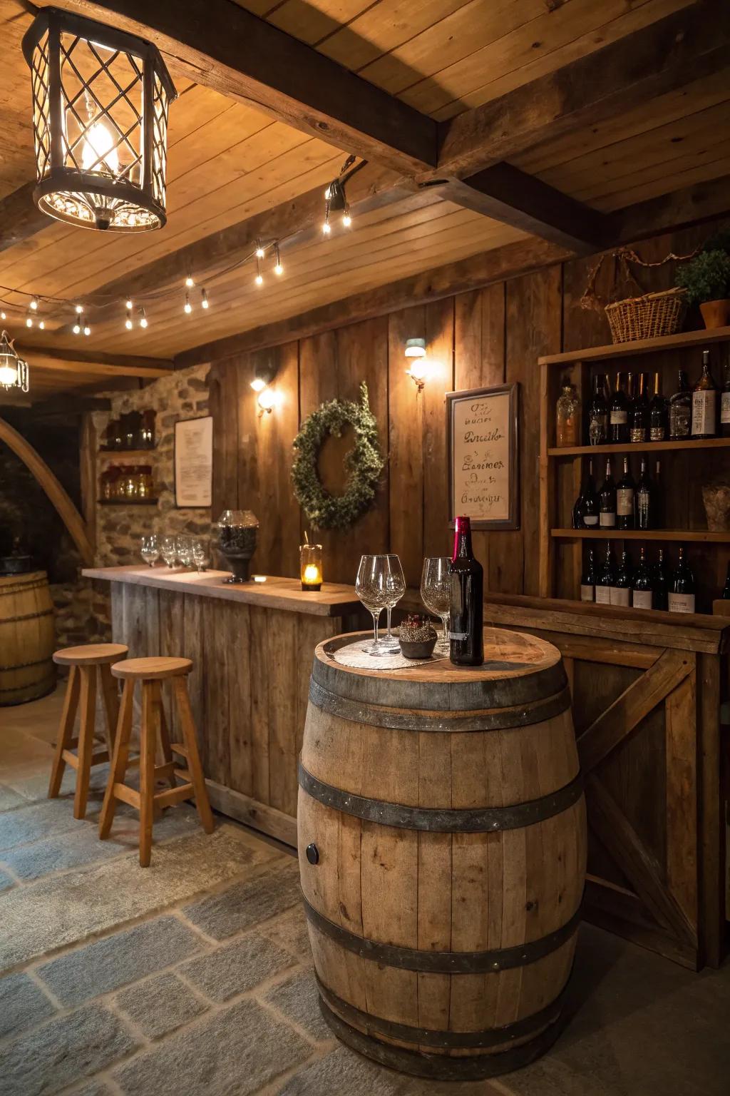 A wine barrel converted into a charming table centerpiece.