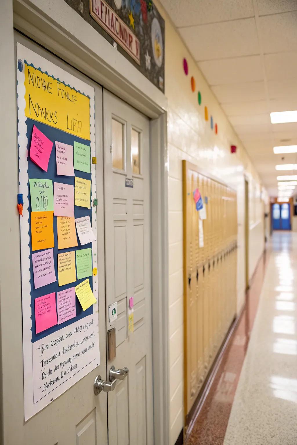 A community board on the school nurse door for students' notes and tips.