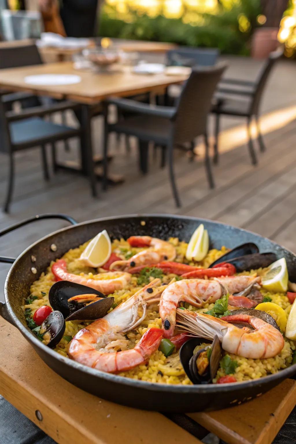 A vibrant seafood paella, perfect for sharing at your next picnic.