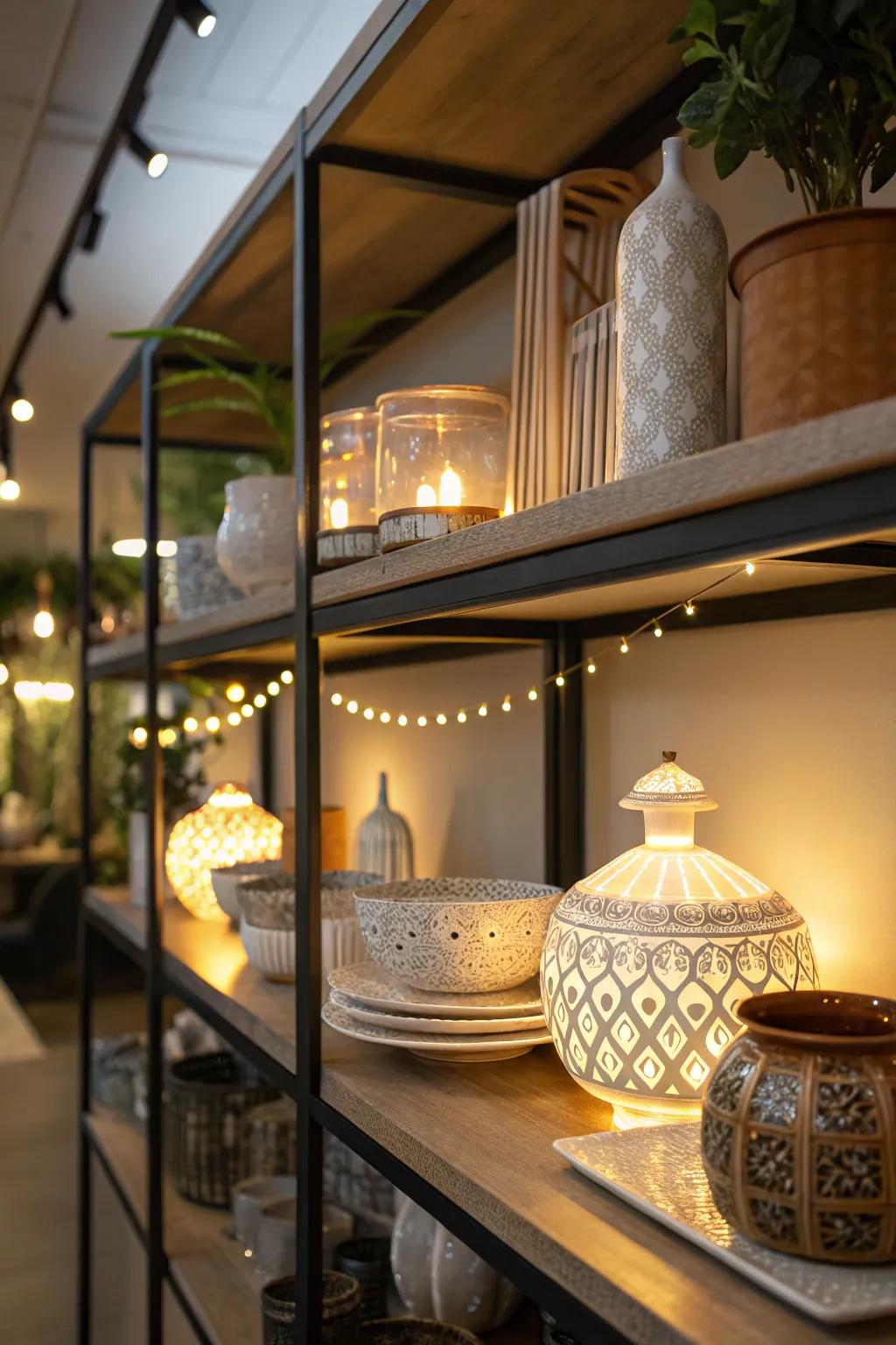 Under-shelf lighting highlights cherished items beautifully.