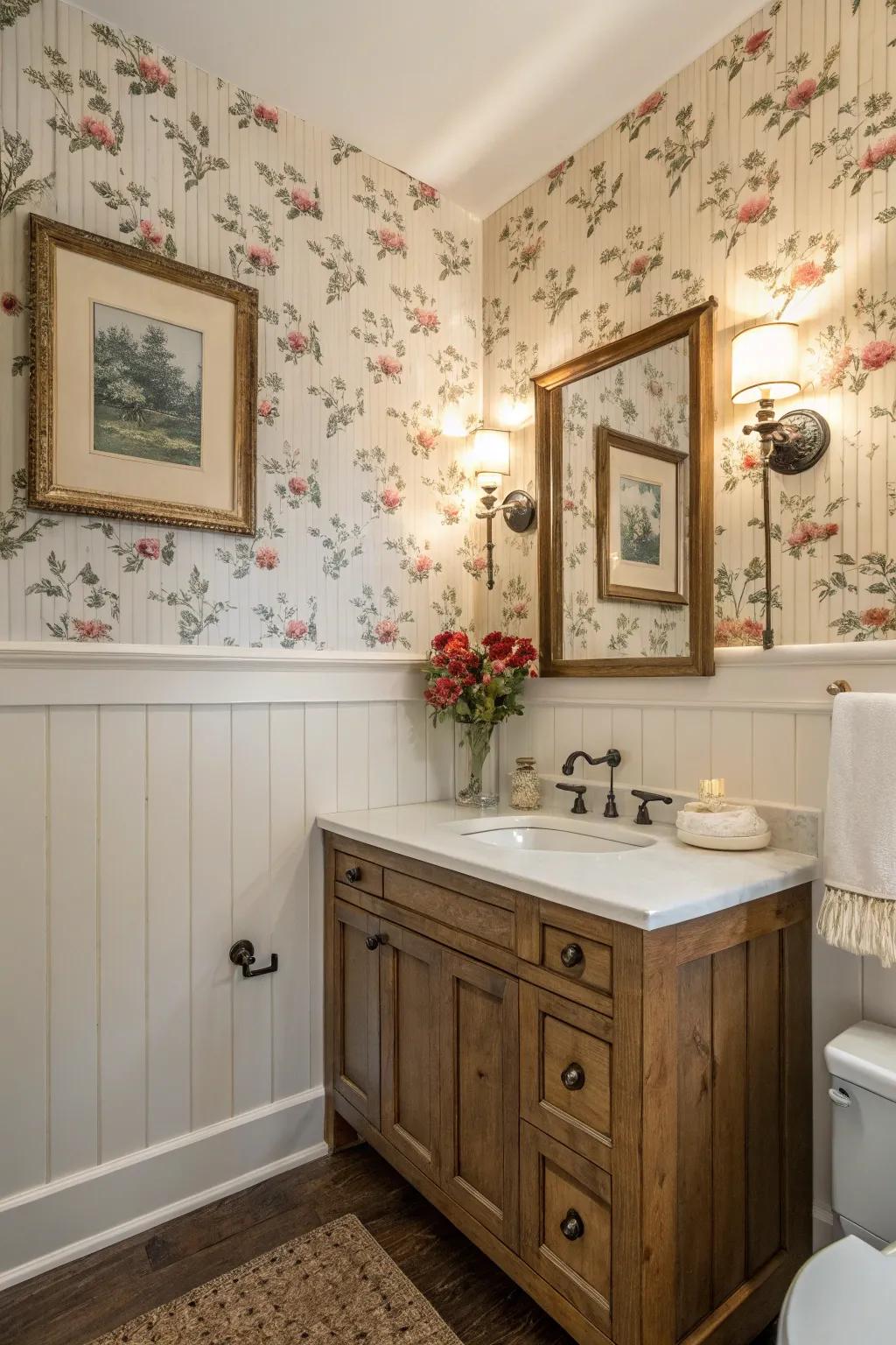 A bathroom featuring board and batten wainscoting that adds texture.
