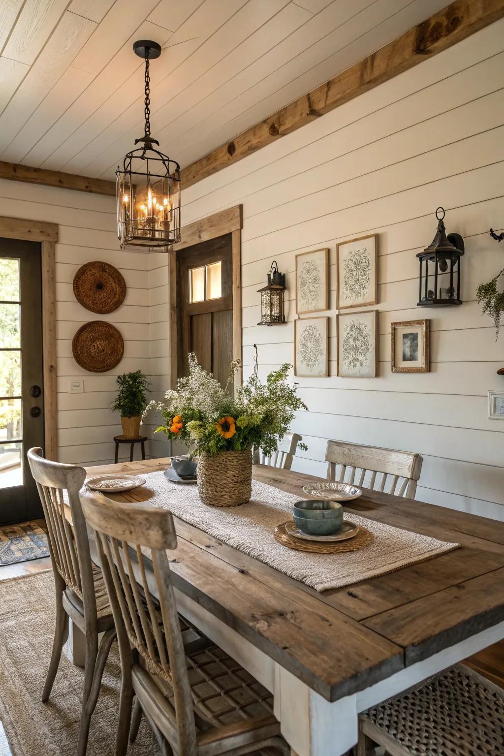 A farmhouse-inspired dining room with shiplap walls.