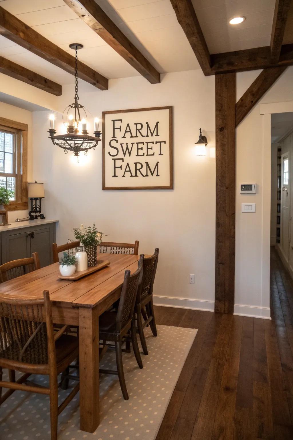 A farmhouse-style dining room with a 'Farm Sweet Farm' sign on the wall.