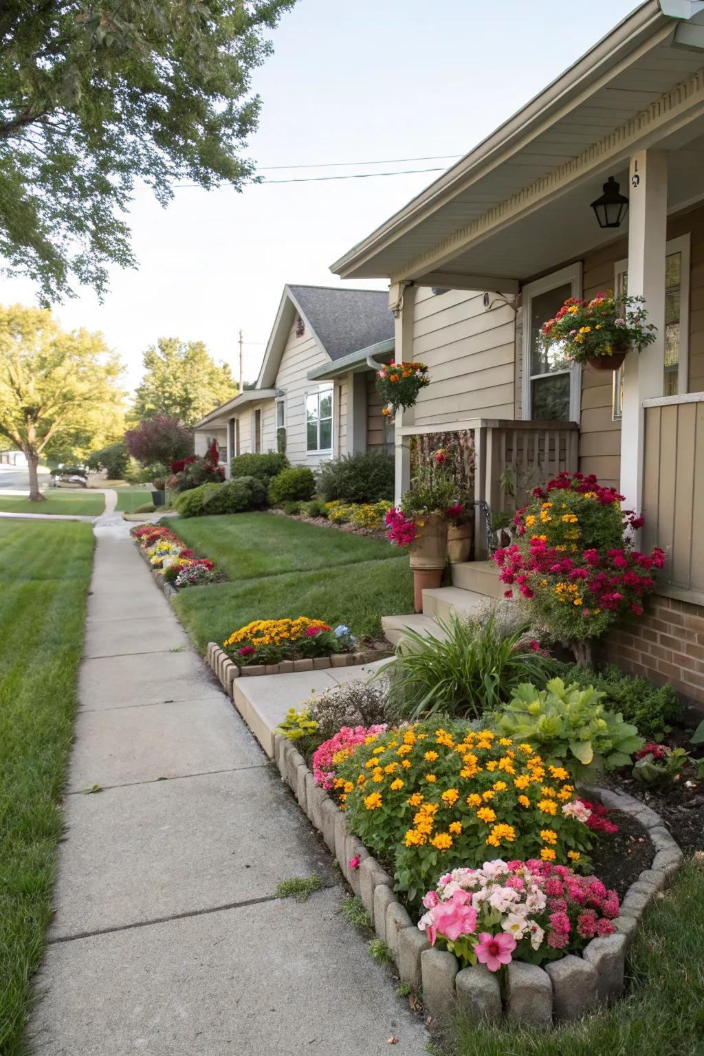 Front yard flower beds enhancing the home's entrance.