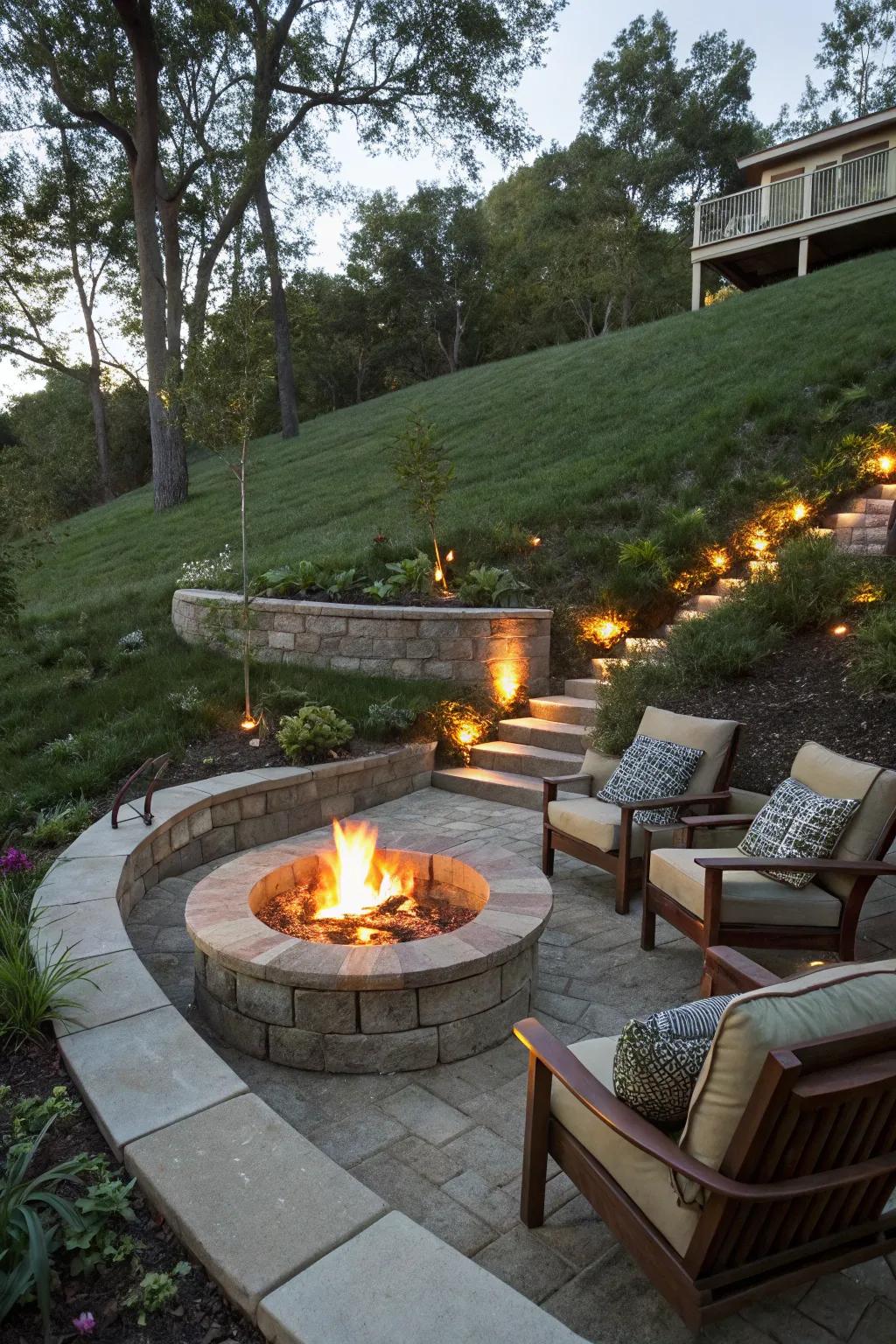 A cozy fire pit becomes the focal point of this terraced garden.