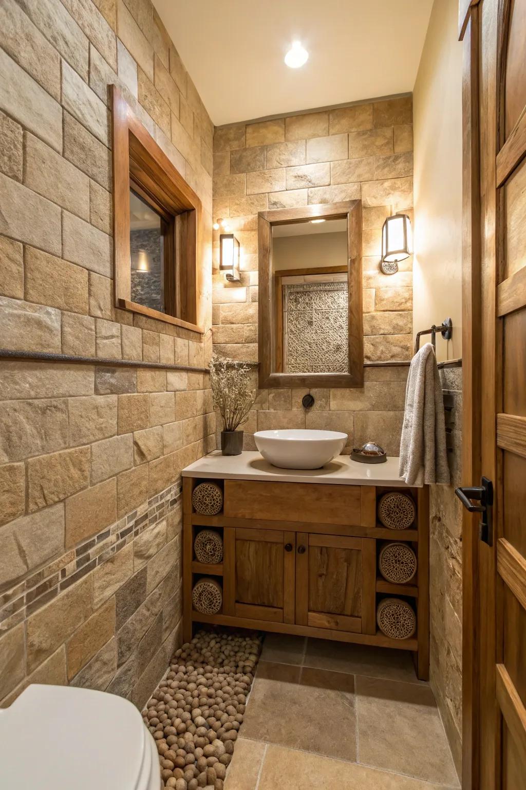 Stone tiles create a serene, nature-inspired atmosphere.