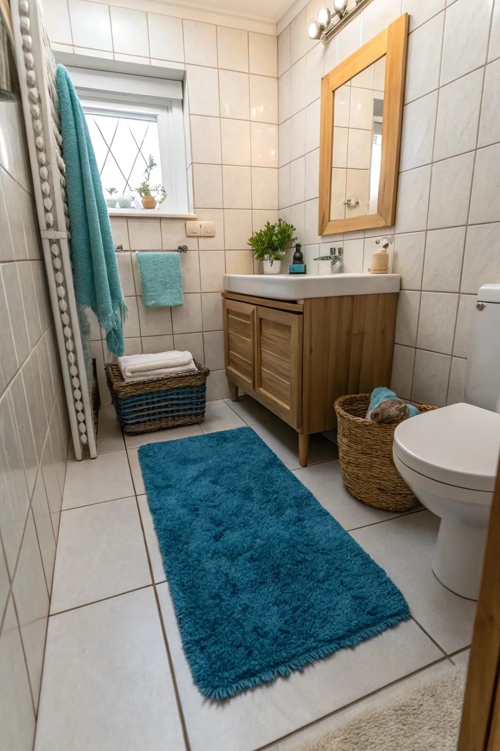 A plush blue rug adds warmth and color to the bathroom floor.