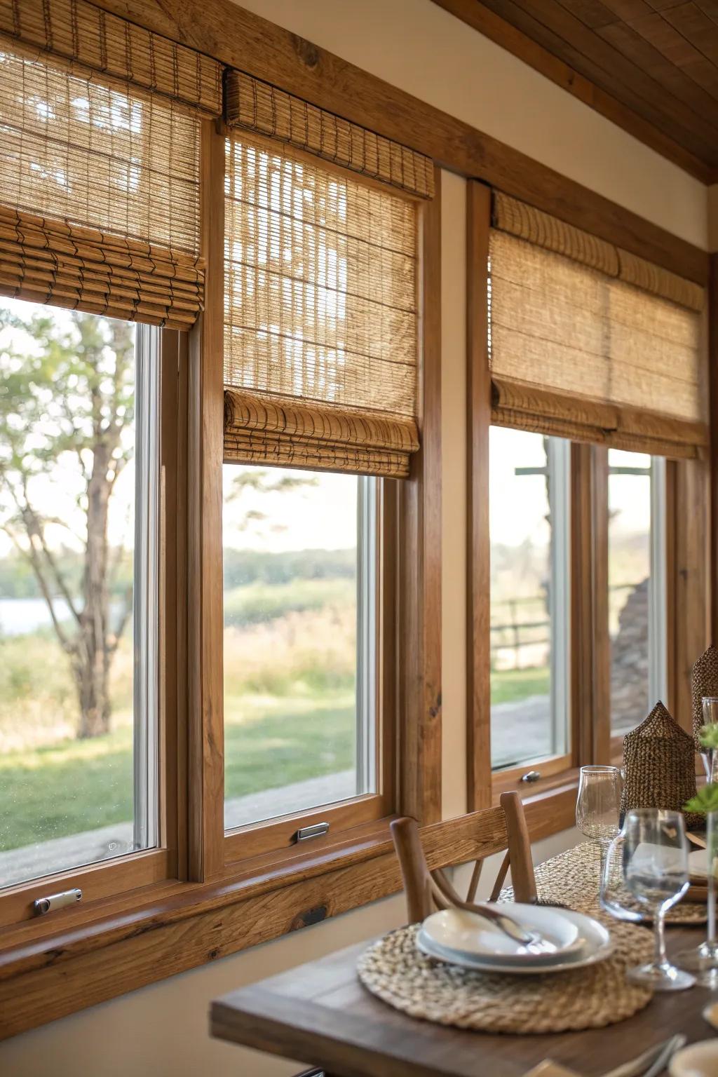 Woven wood shades introduce natural textures into the space.