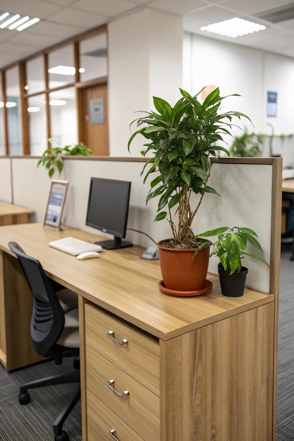 Natural elements like wood and greenery enhance office aesthetics.