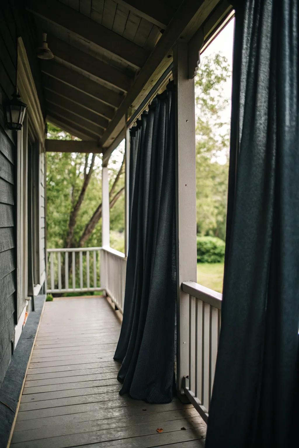 Blackout curtains ensure privacy and comfort on sunny days.